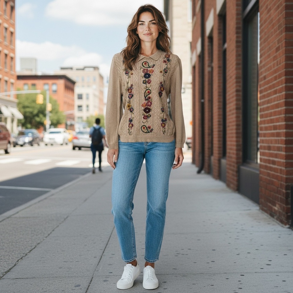 Alfred Dunner Women's Embroidered Floral Collared Sweater Beige Size‎ L - B7